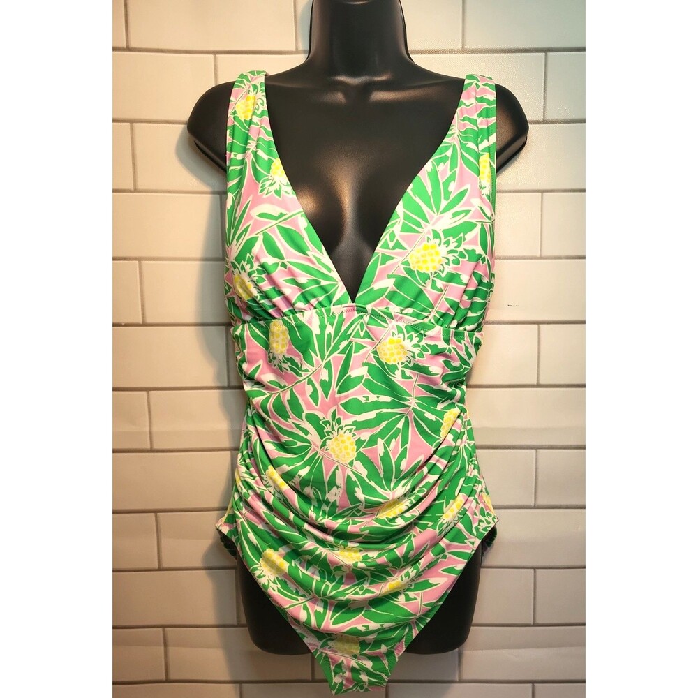 J. Crew Womens Large One Piece Swimsuit V-neck Ruched Pink and Green Floral